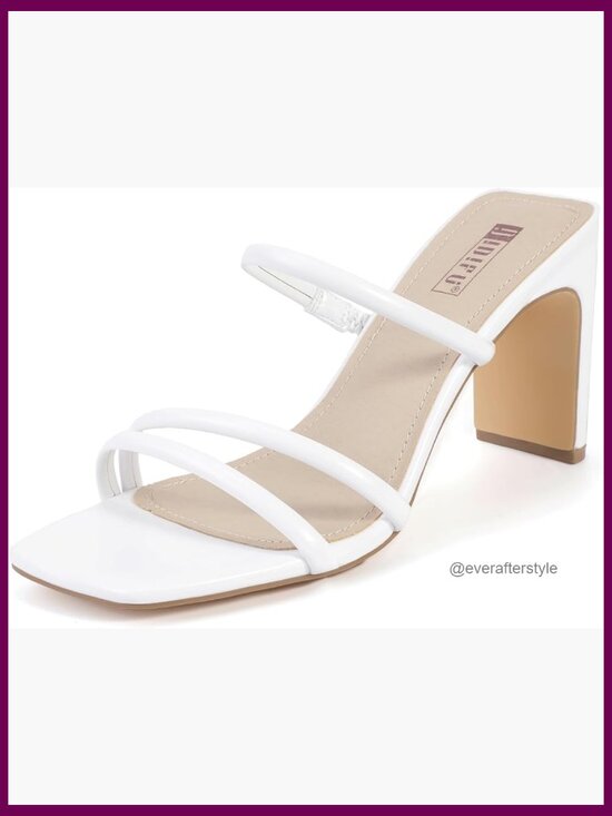 Shoes - Chunky Block Heel Square Toe Three Strap Slip On Heels Sandals